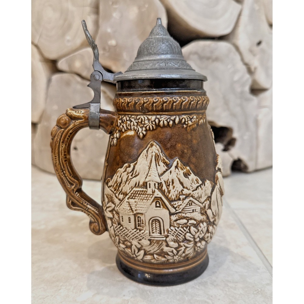 Vintage Beer Stein Brown Alpine Stoneware Pewter Lid DBGM West Germany‎ Signed